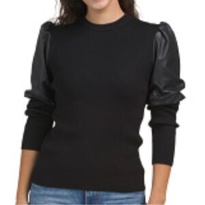 SIONI Milano Black Sweater with Faux Leather Sleeves size large